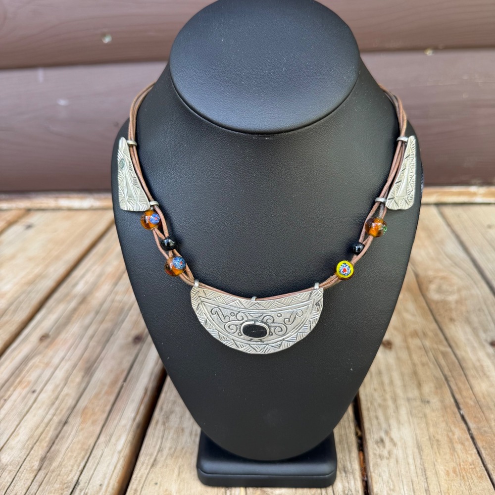 Vintage Brutalist Crescent Moon Leather Collar Necklace Boho Whimsigoth Ethno